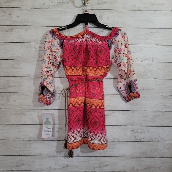 Girls Rare Editions Boho Chic Aztec Design Fuchsia Floral Cold-Shoulder Dress 7 - Picture 10 of 15